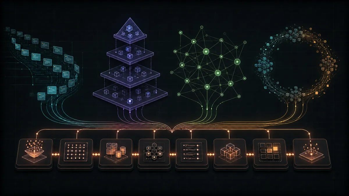 A memory stream, a four-level hierarchy, a knowledge graph, and a reflection loop connect to the same eight-module context-engine backbone.